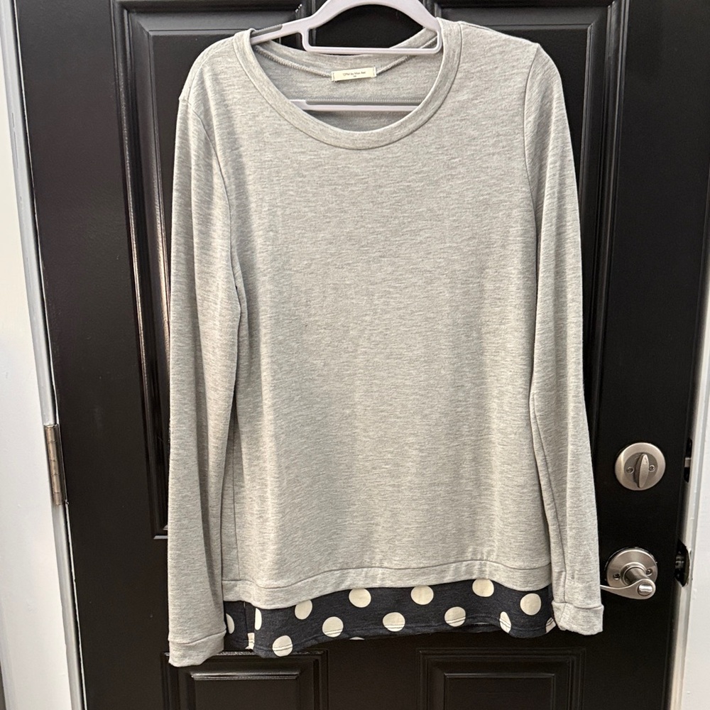 12 Pm By Mon Ami Gray Long Sleeve Top with Polka Dot Hem